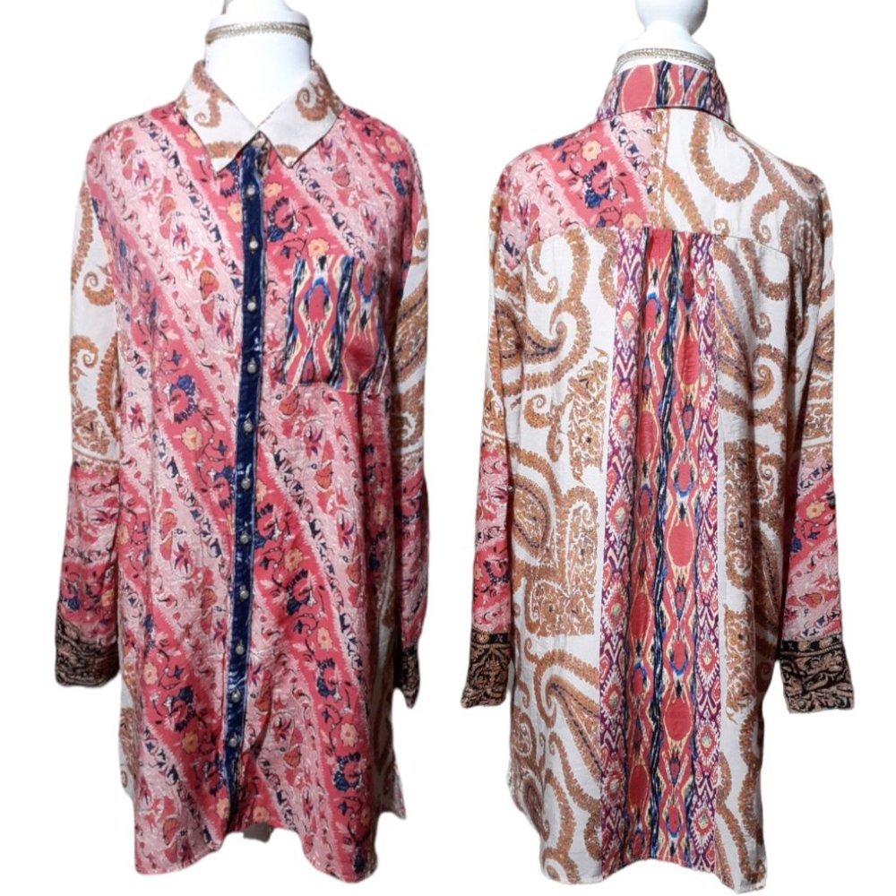 Soft Surroundings Women's Paisley Tunic Top Roll 3/4 Sleeves Pink Multi Medium